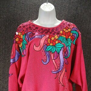 Vintage Victoria Harbour Beaded Floral Appliqué Knit Sweater